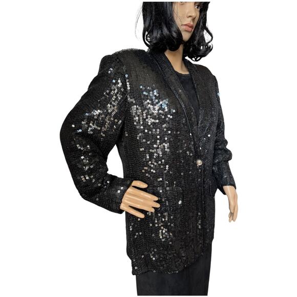 American Vtg Black Silk Sequined Formal Occasion one button Blazer coat medium - Picture 9 of 17